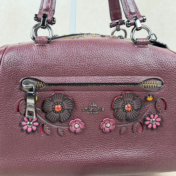 Coach Primrose Willow Floral Appliqué Leather Satchel Oxblood Gunmetal Hardware - Picture 7 of 17